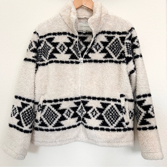 $169 Lucky Brand Geo Print Faux Fur Sherpa Jacket white black size M - Picture 3 of 9